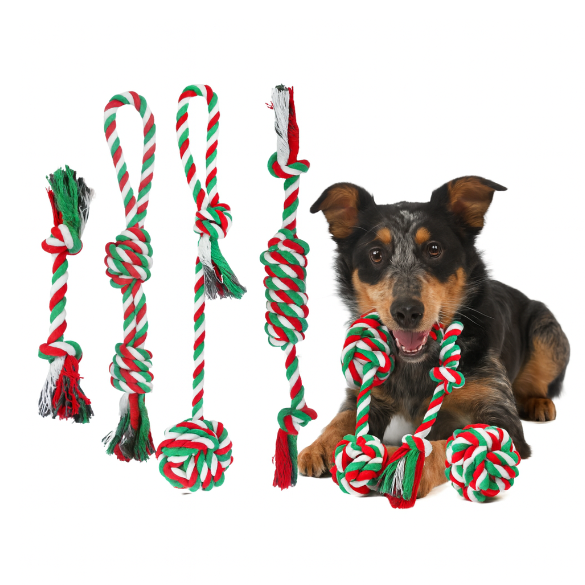 5PCS Christmas Rope Dog Toys Set – Durable Chew & Tug Toys for Small to Large Dogs, Holiday Gift Bundle