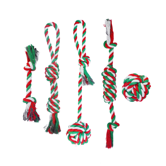 5PCS Christmas Rope Dog Toys Set – Durable Chew & Tug Toys for Small to Large Dogs, Holiday Gift Bundle